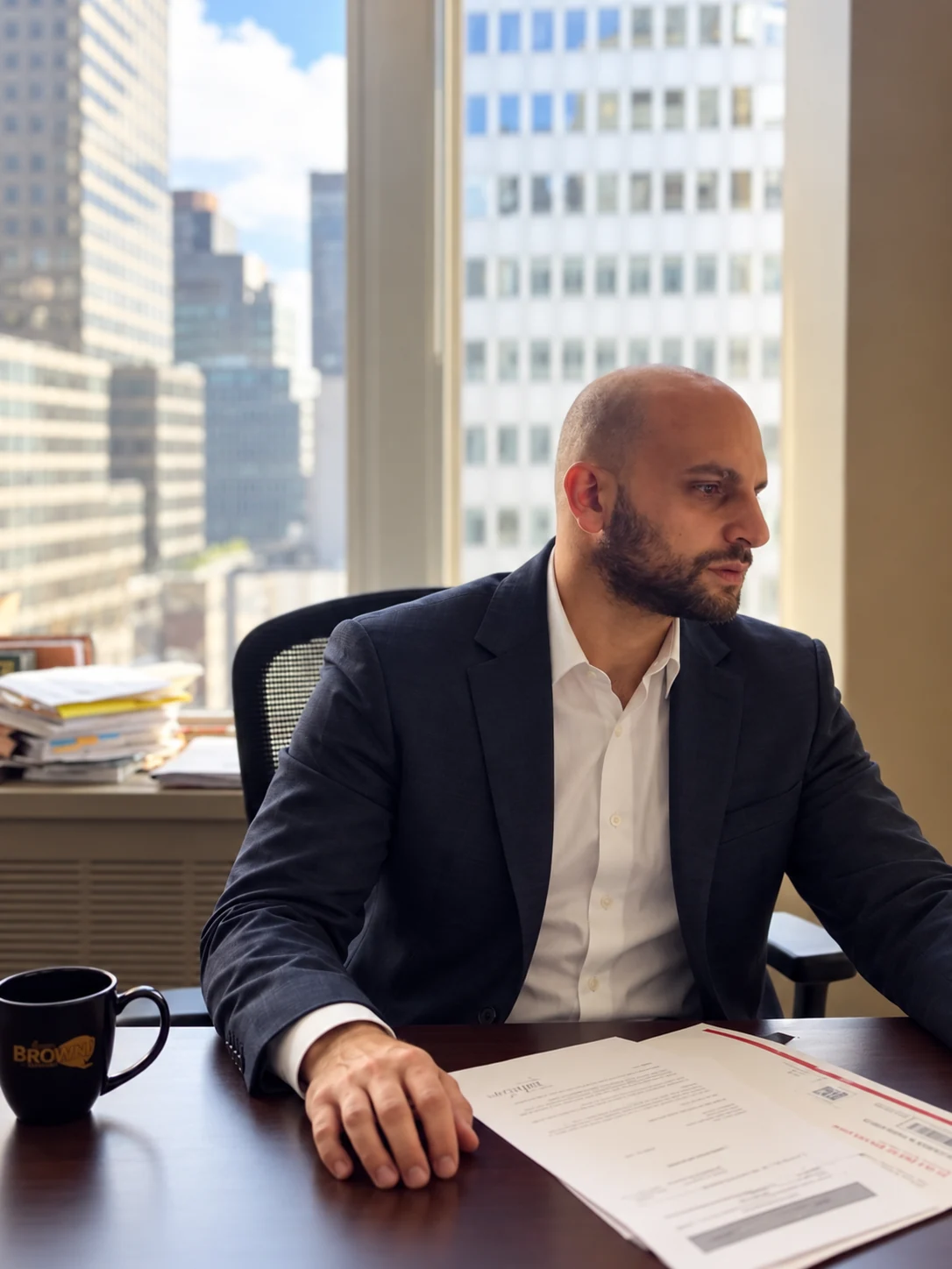 Jonathan Langer seated at an office desk in a suit